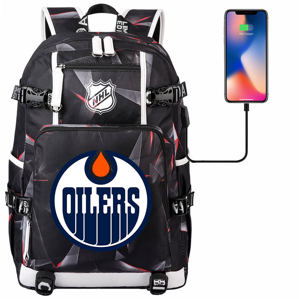 Edmonton Oilers Hockey League USB Charging Backpack School Notebook Travel Bags