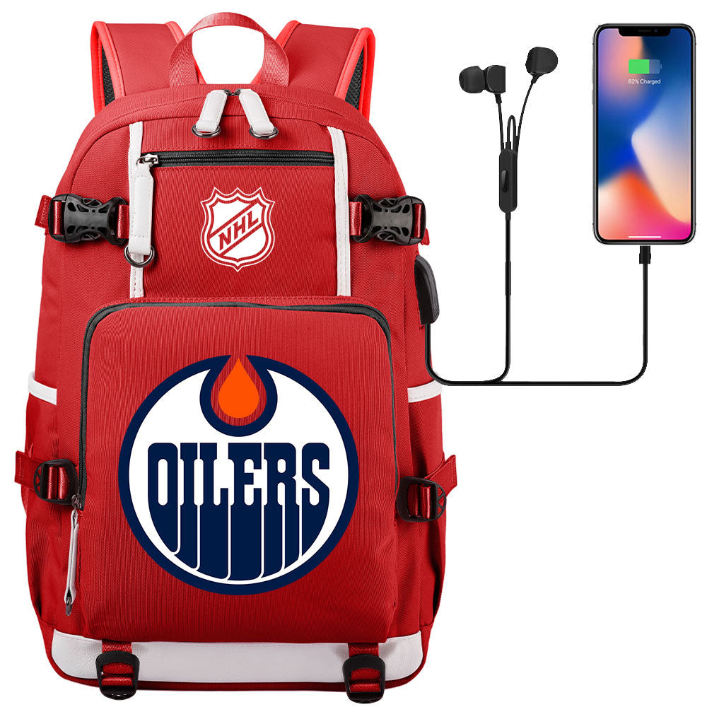 Edmonton Oilers Hockey League USB Charging Backpack School Notebook Travel Bags