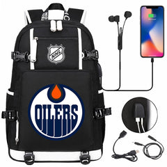 Edmonton Oilers Hockey League USB Charging Backpack School Notebook Travel Bags