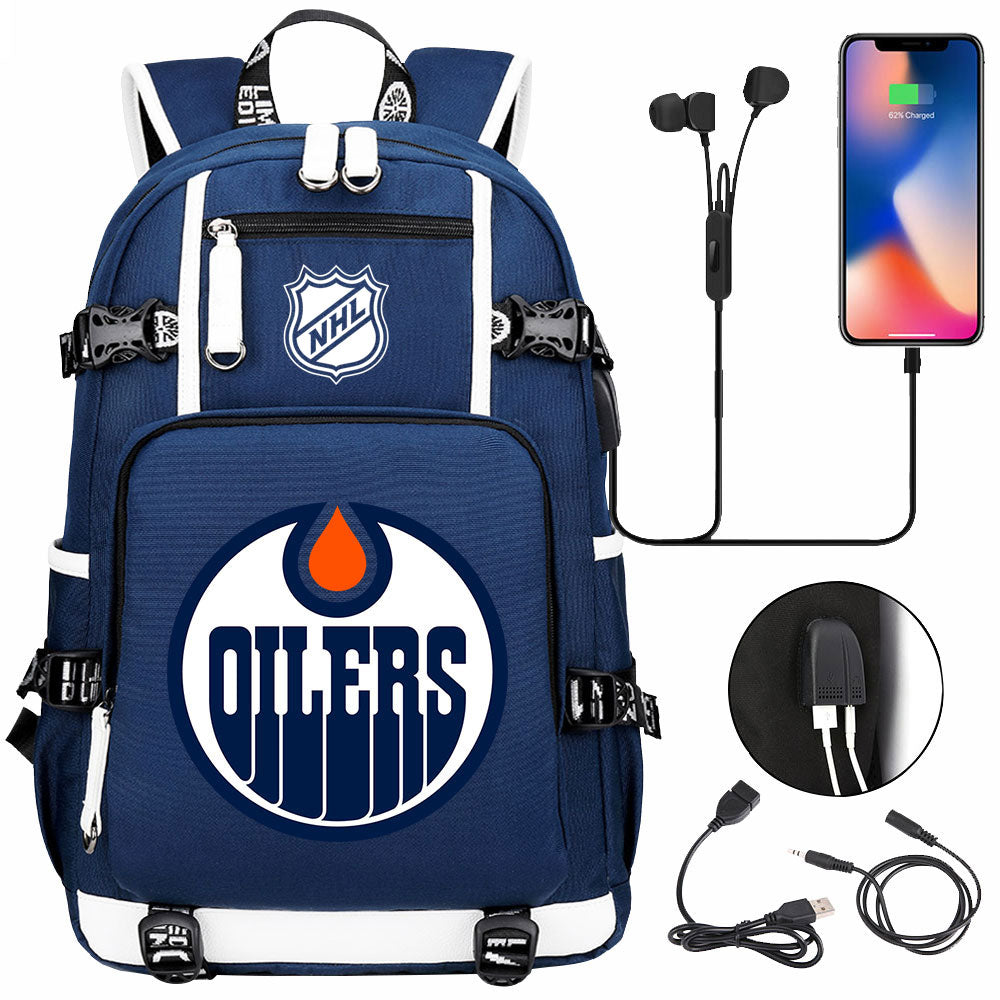 Edmonton Oilers Hockey League USB Charging Backpack School Notebook Travel Bags