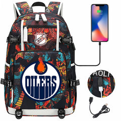 Edmonton Oilers Hockey League USB Charging Backpack School Notebook Travel Bags