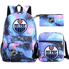 Edmonton Oilers Hockey League Printed Schoolbag Backpack Shoulder Bag Pencil Bag 3pcs set for Kids Students