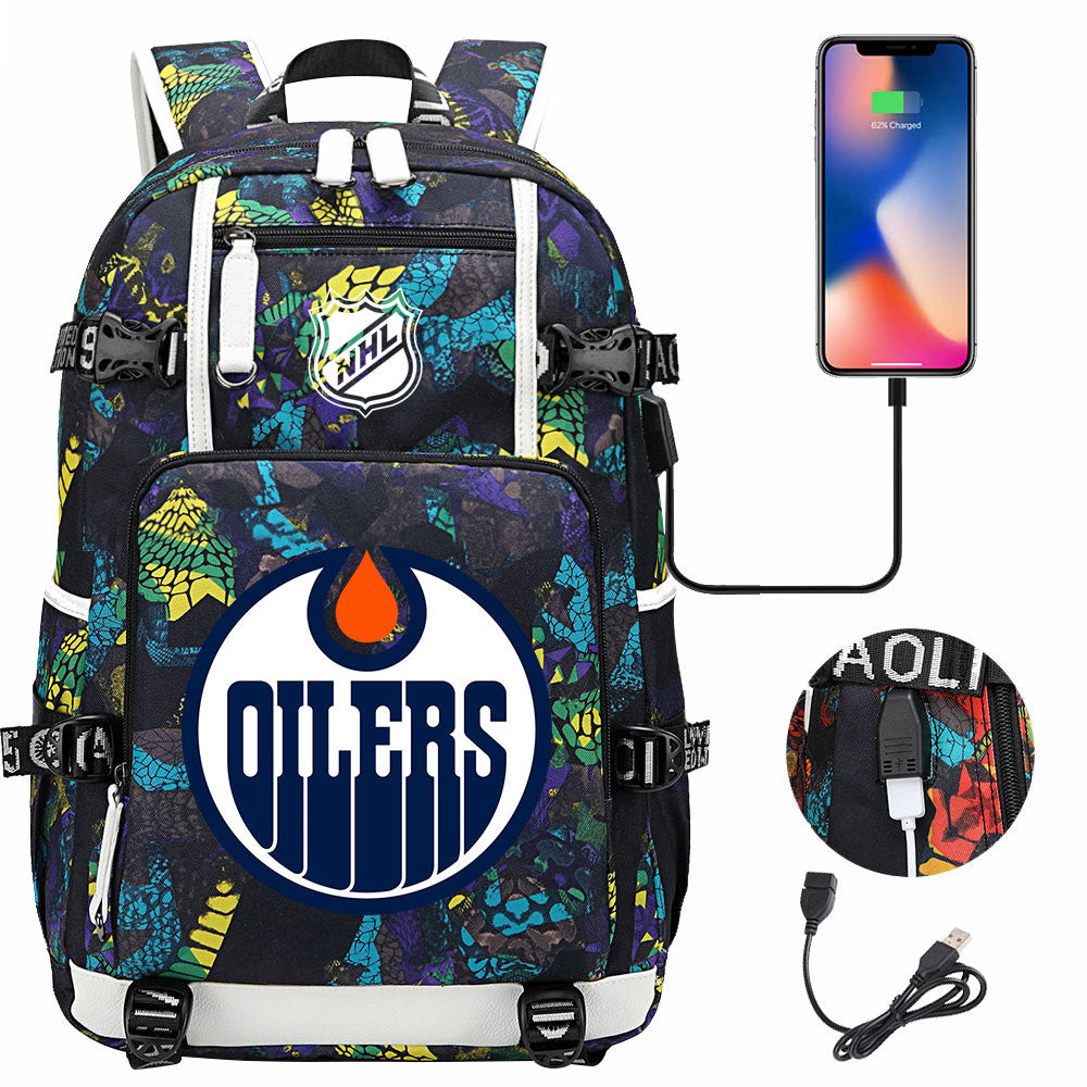 Edmonton Oilers Hockey League USB Charging Backpack School Notebook Travel Bags