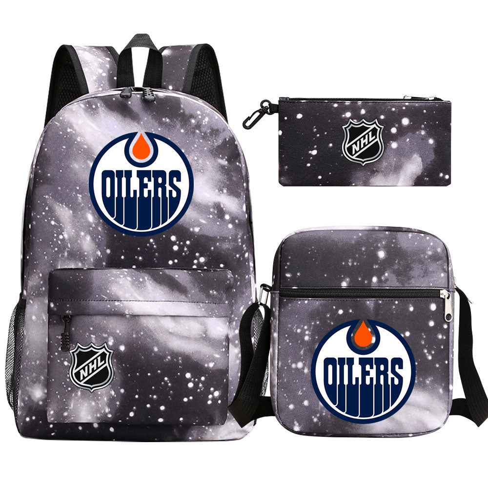 Edmonton Oilers Hockey League Printed Schoolbag Backpack Shoulder Bag Pencil Bag 3pcs set for Kids Students