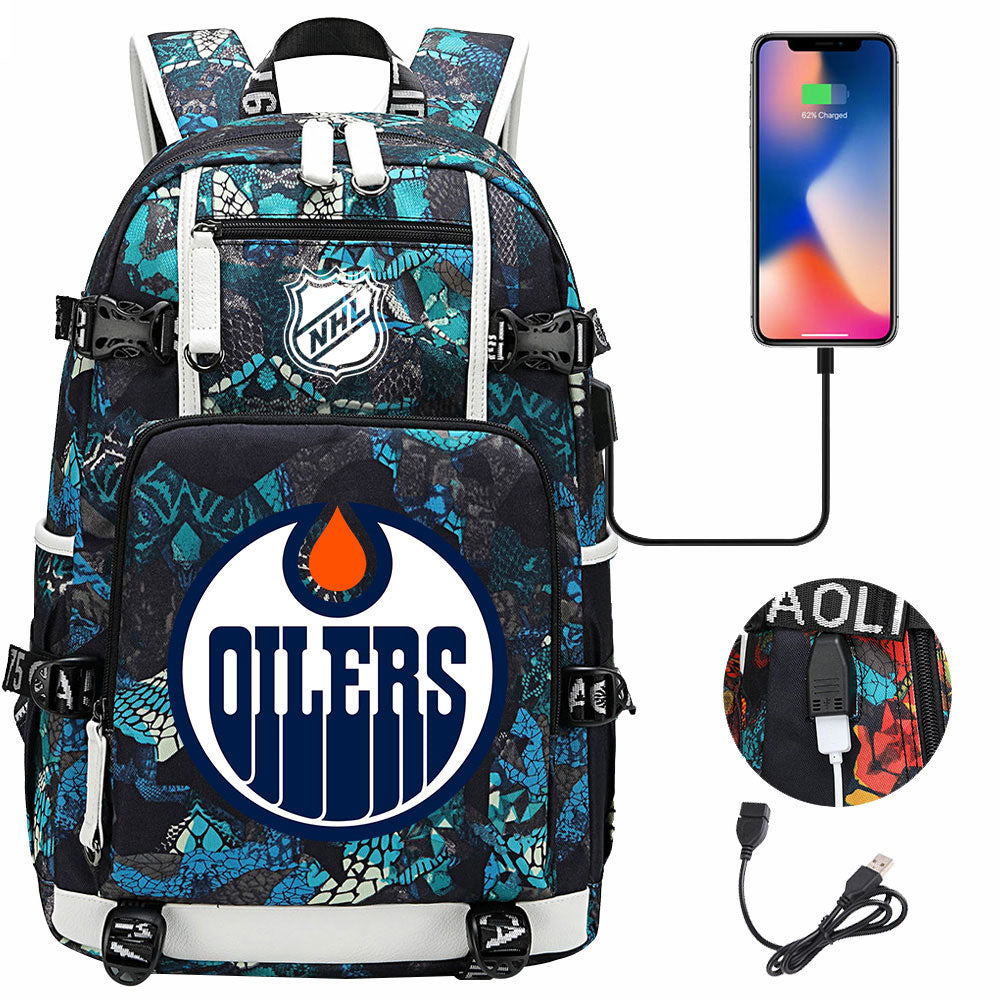 Edmonton Oilers Hockey League USB Charging Backpack School Notebook Travel Bags