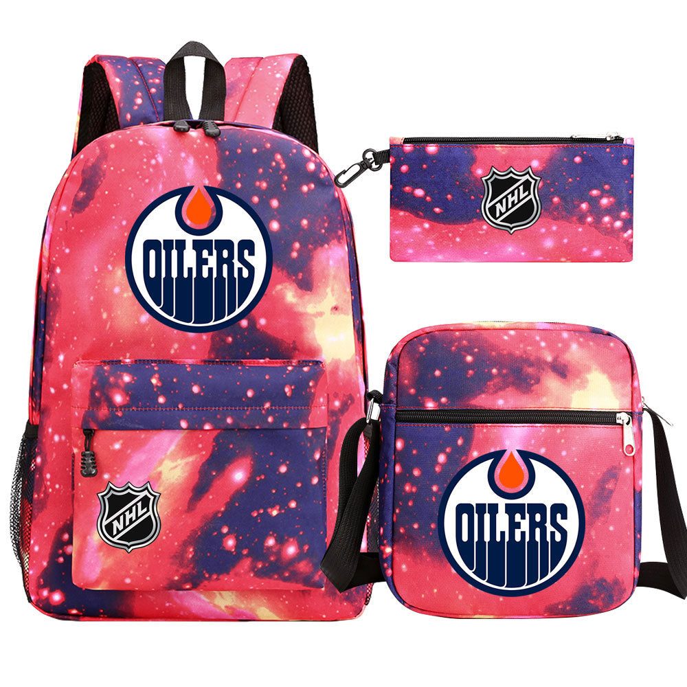 Edmonton Oilers Hockey League Printed Schoolbag Backpack Shoulder Bag Pencil Bag 3pcs set for Kids Students