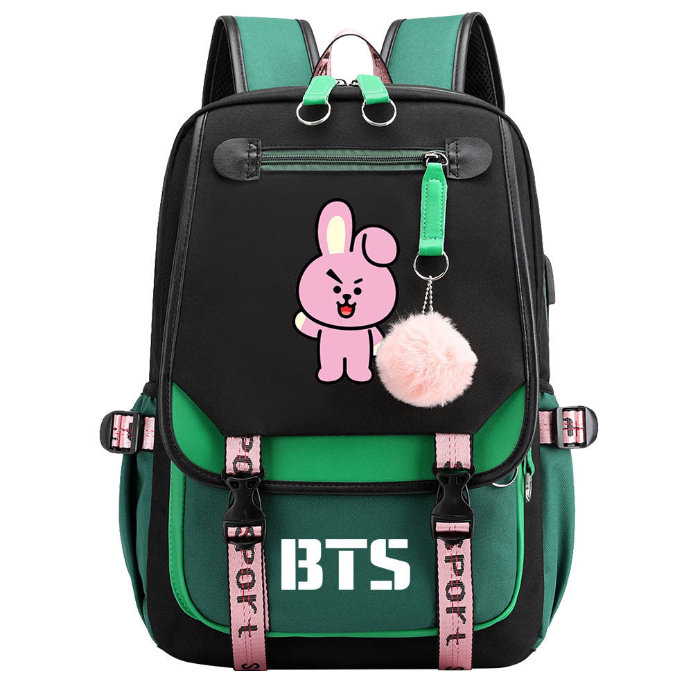 BTS Cooky Waterproof Backpack School Notebook Travel Bag USB Charging