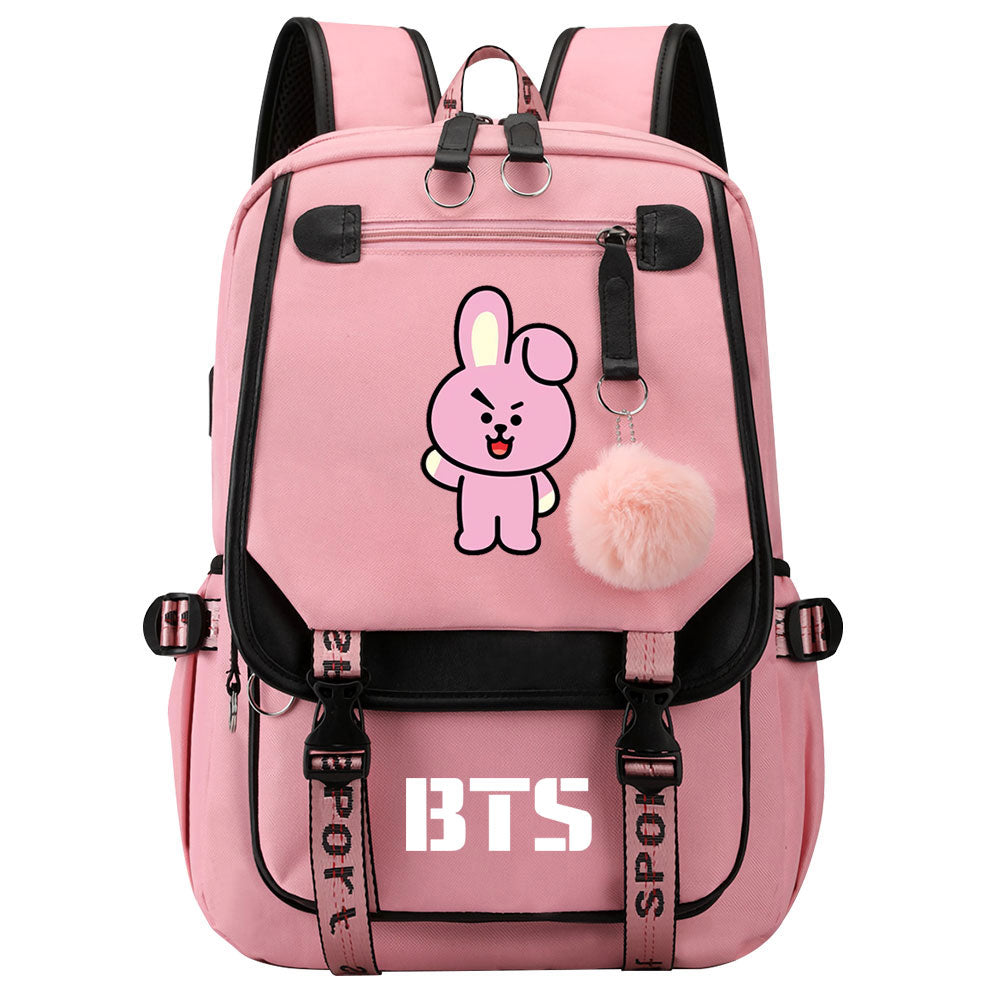 BTS Cooky Waterproof Backpack School Notebook Travel Bag USB Charging