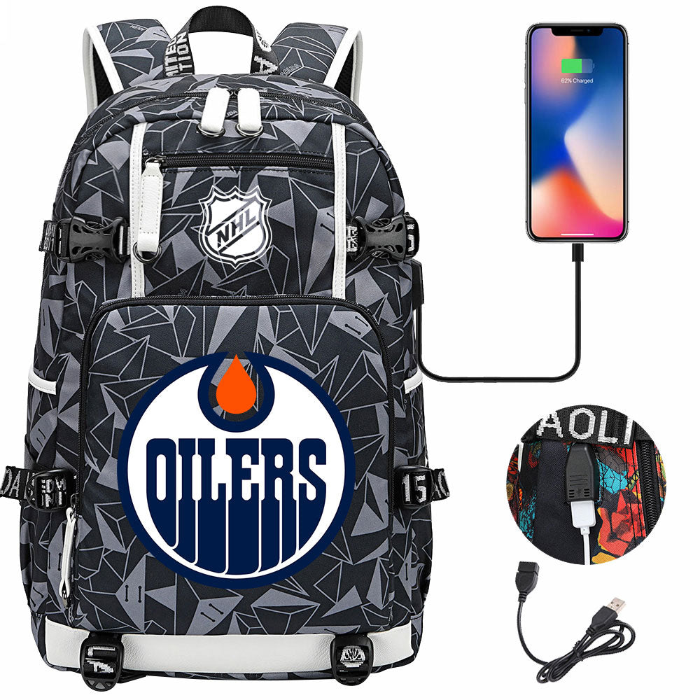 Edmonton Oilers Hockey League USB Charging Backpack School Notebook Travel Bags