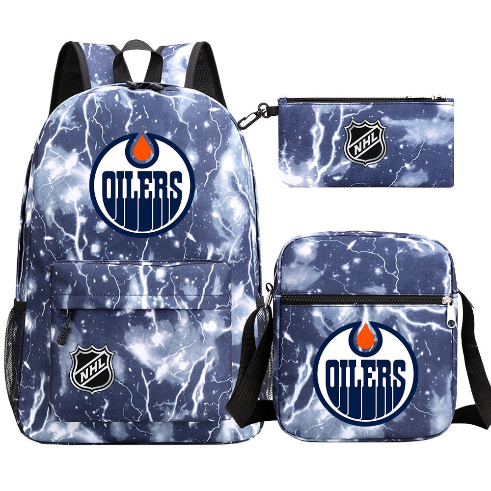 Edmonton Oilers Hockey League Printed Schoolbag Backpack Shoulder Bag Pencil Bag 3pcs set for Kids Students