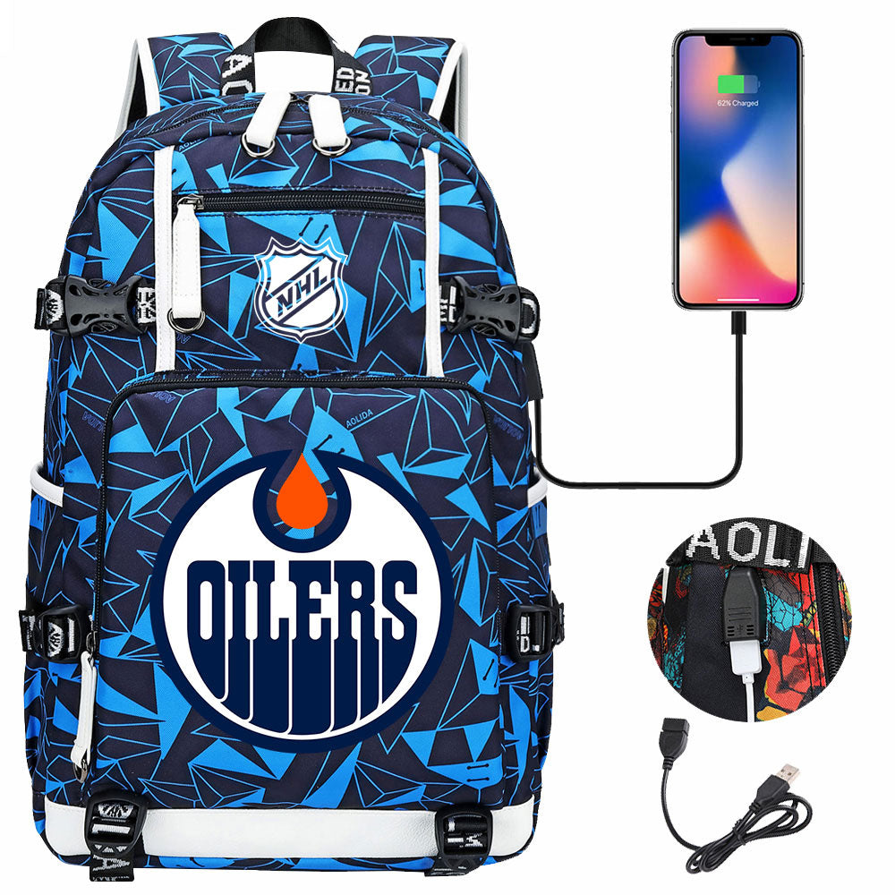 Edmonton Oilers Hockey League USB Charging Backpack School Notebook Travel Bags