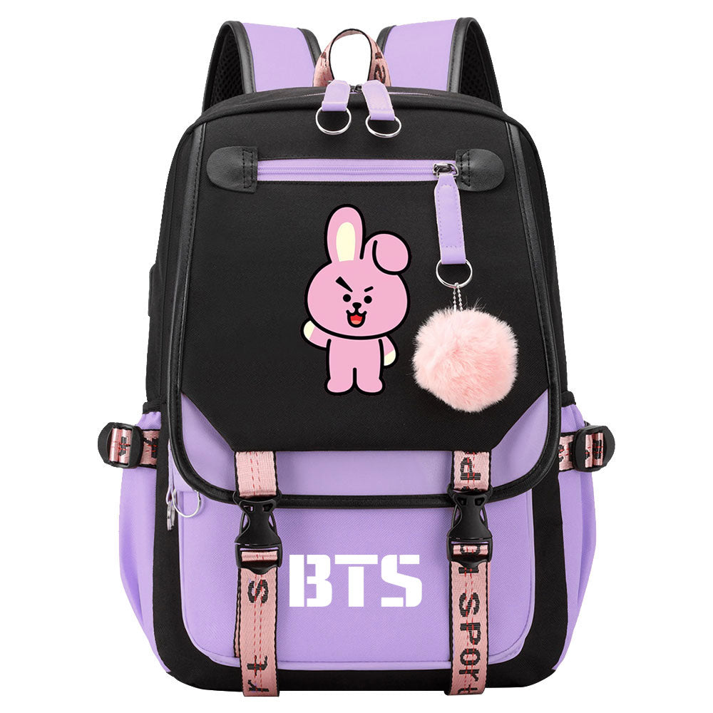 BTS Cooky Waterproof Backpack School Notebook Travel Bag USB Charging