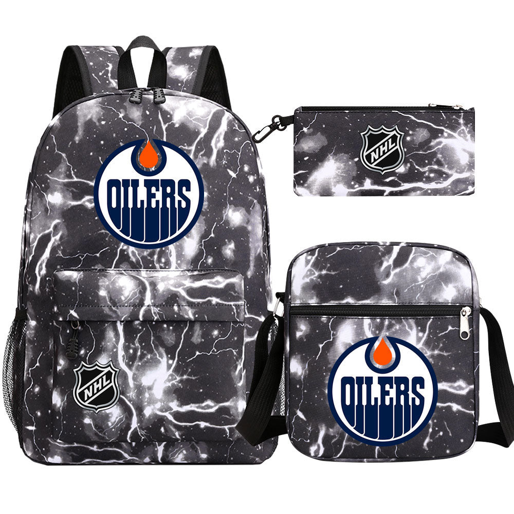 Edmonton Oilers Hockey League Printed Schoolbag Backpack Shoulder Bag Pencil Bag 3pcs set for Kids Students