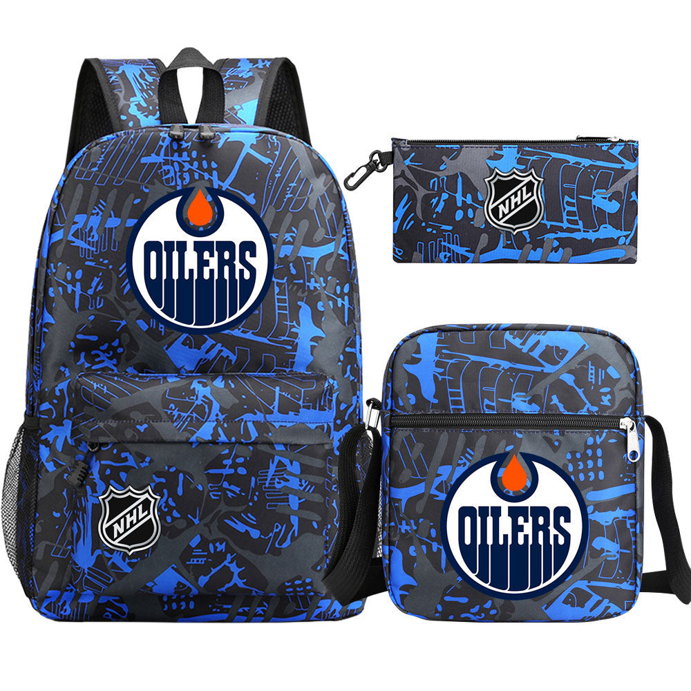 Edmonton Oilers Hockey League Printed Schoolbag Backpack Shoulder Bag Pencil Bag 3pcs set for Kids Students