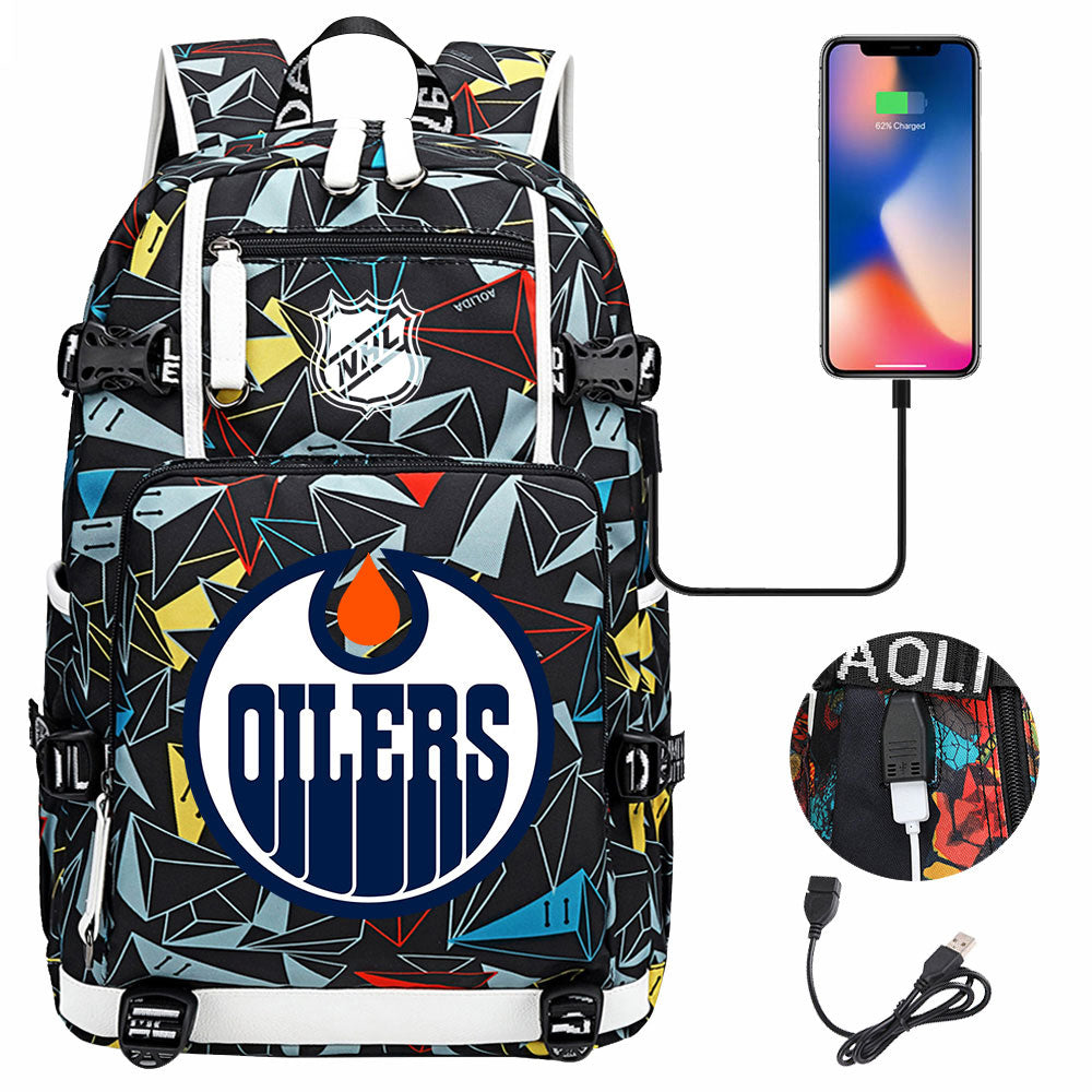 Edmonton Oilers Hockey League USB Charging Backpack School Notebook Travel Bags