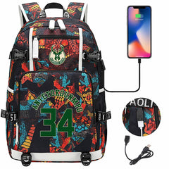 Milwaukee Basketball Bucks USB Charging Backpack School Notebook Travel Bags