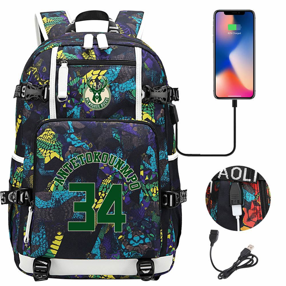 Milwaukee Basketball Bucks USB Charging Backpack School Notebook Travel Bags