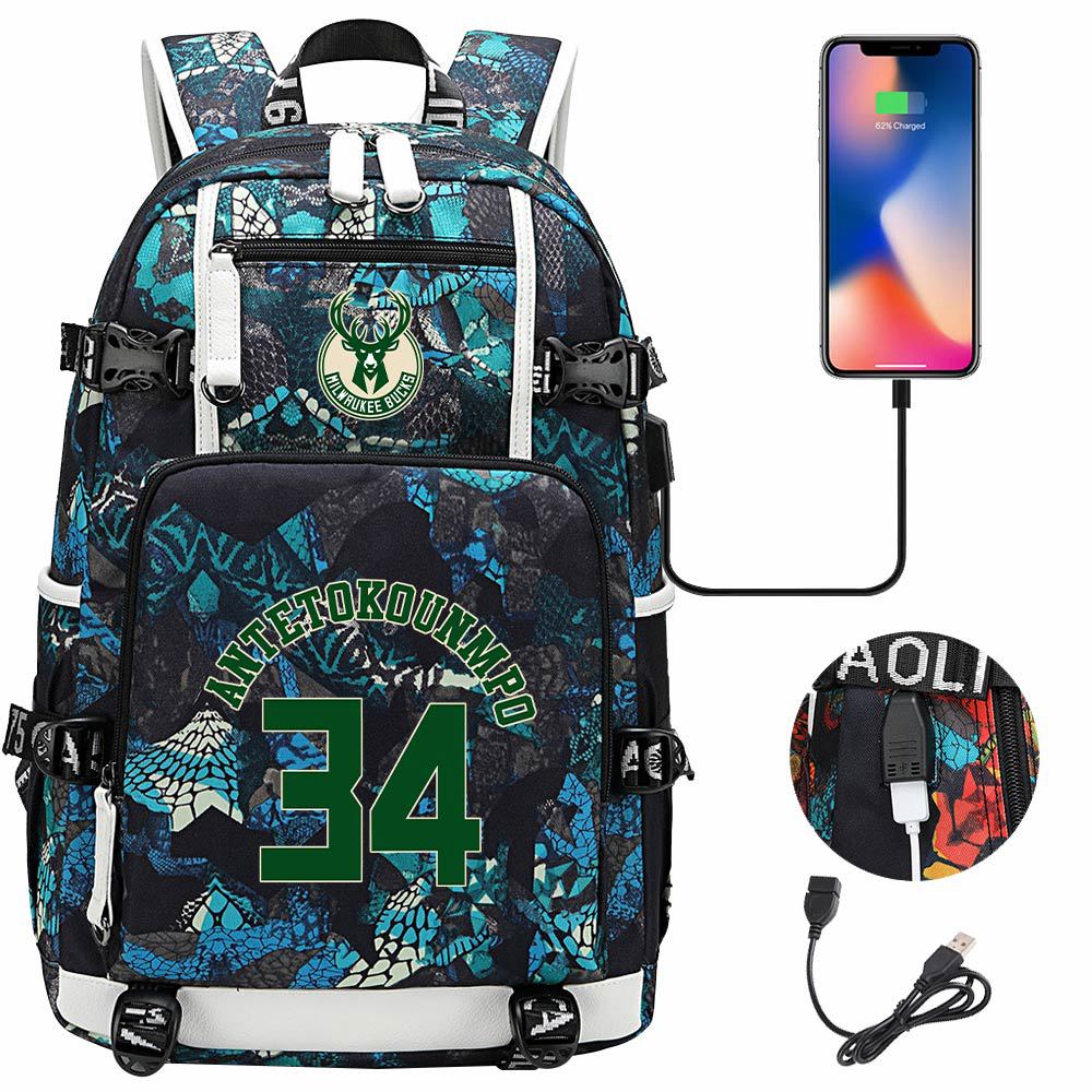 Milwaukee Basketball Bucks USB Charging Backpack School Notebook Travel Bags