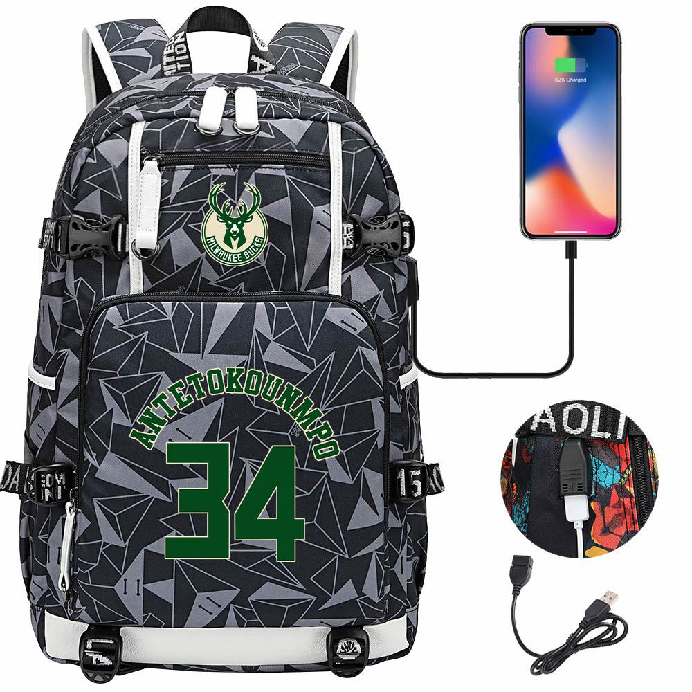 Milwaukee Basketball Bucks USB Charging Backpack School Notebook Travel Bags