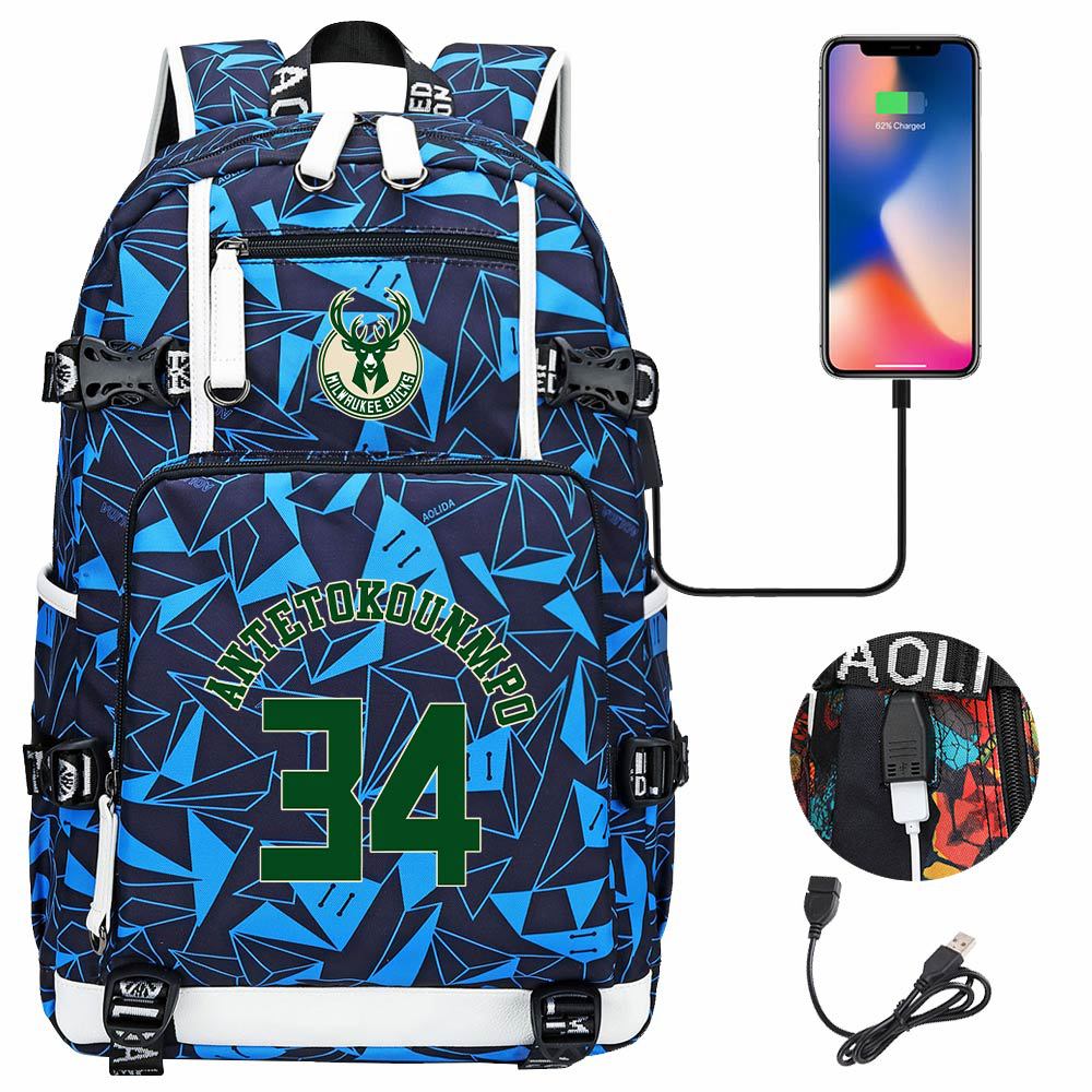 Milwaukee Basketball Bucks USB Charging Backpack School Notebook Travel Bags