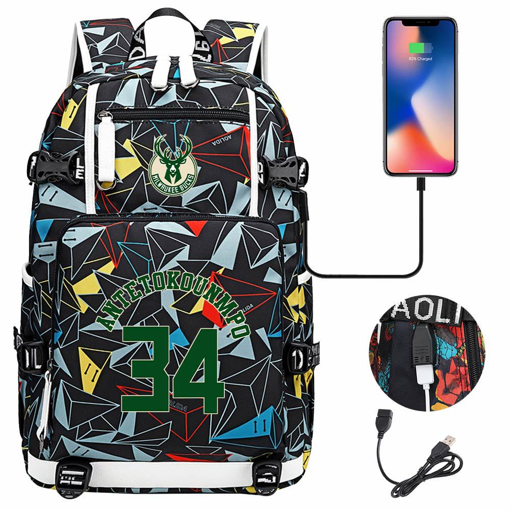 Milwaukee Basketball Bucks USB Charging Backpack School Notebook Travel Bags