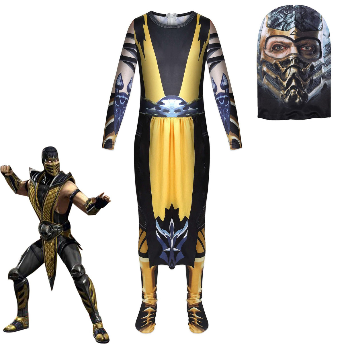 Mortal Kombat Legends Scorpions Revenge Cosplay Costume with Mask Boys Girls Bodysuit Halloween Fancy Jumpsuits