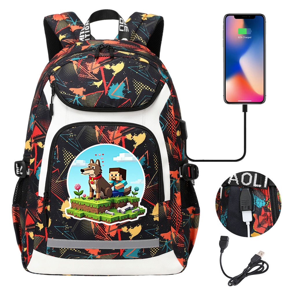 2025 Minecraft Movie USB Charging Backpack School Notebook Travel Bags