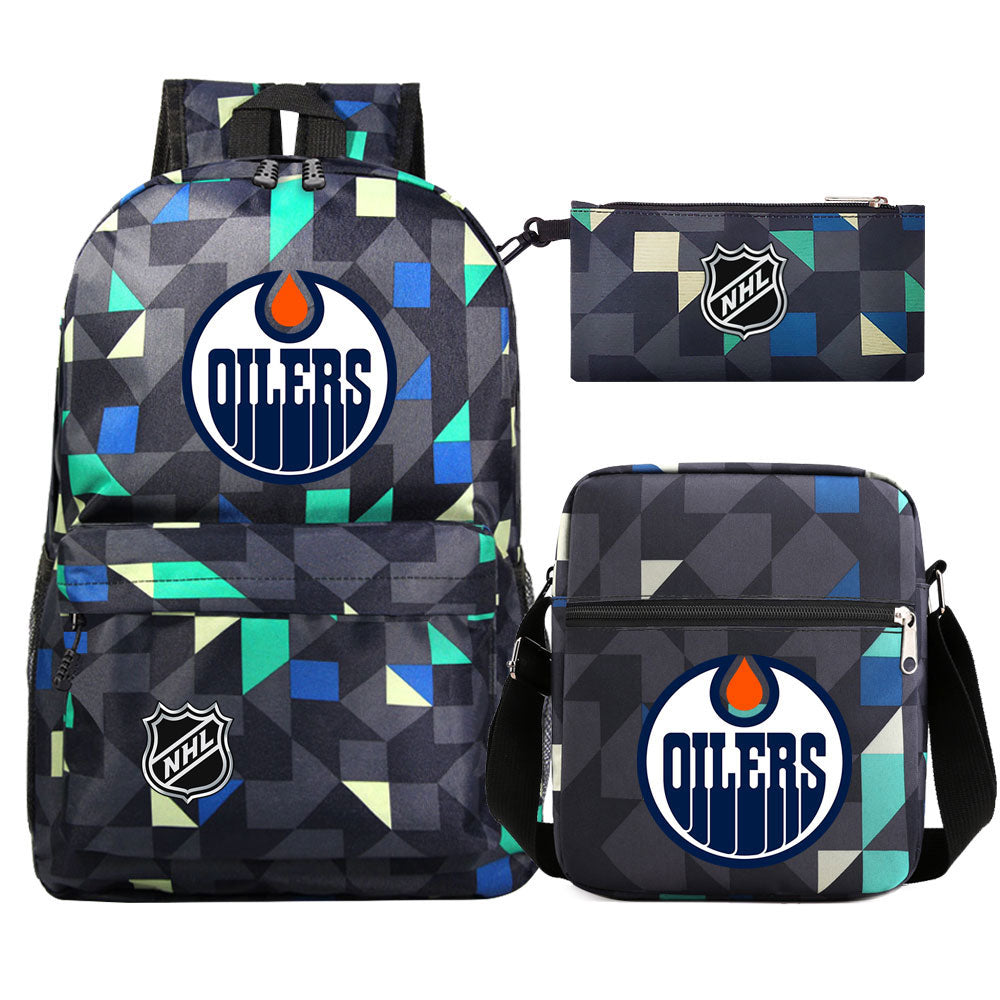 Edmonton Oilers Hockey League Printed Schoolbag Backpack Shoulder Bag Pencil Bag 3pcs set for Kids Students