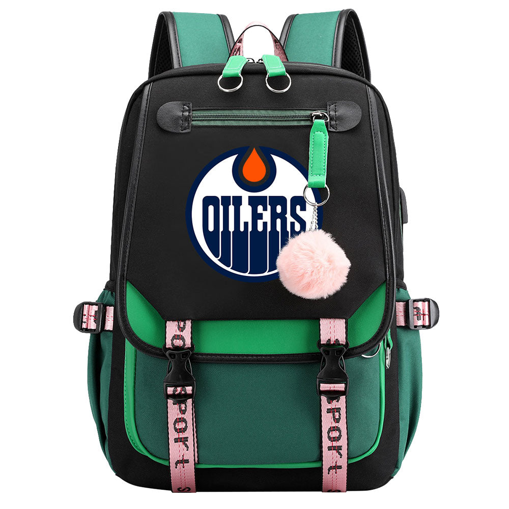 Edmonton Oilers Hockey League Waterproof Backpack School Notebook Travel Bag USB Charging