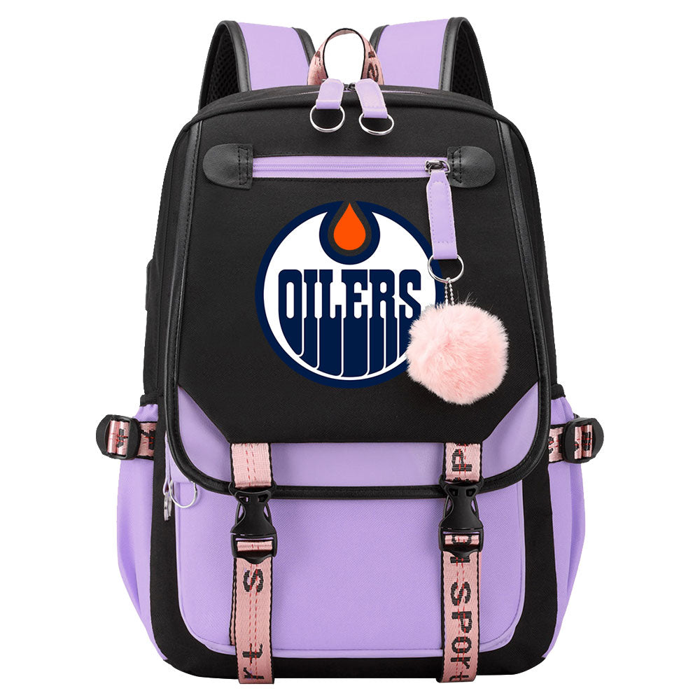 Edmonton Oilers Hockey League Waterproof Backpack School Notebook Travel Bag USB Charging