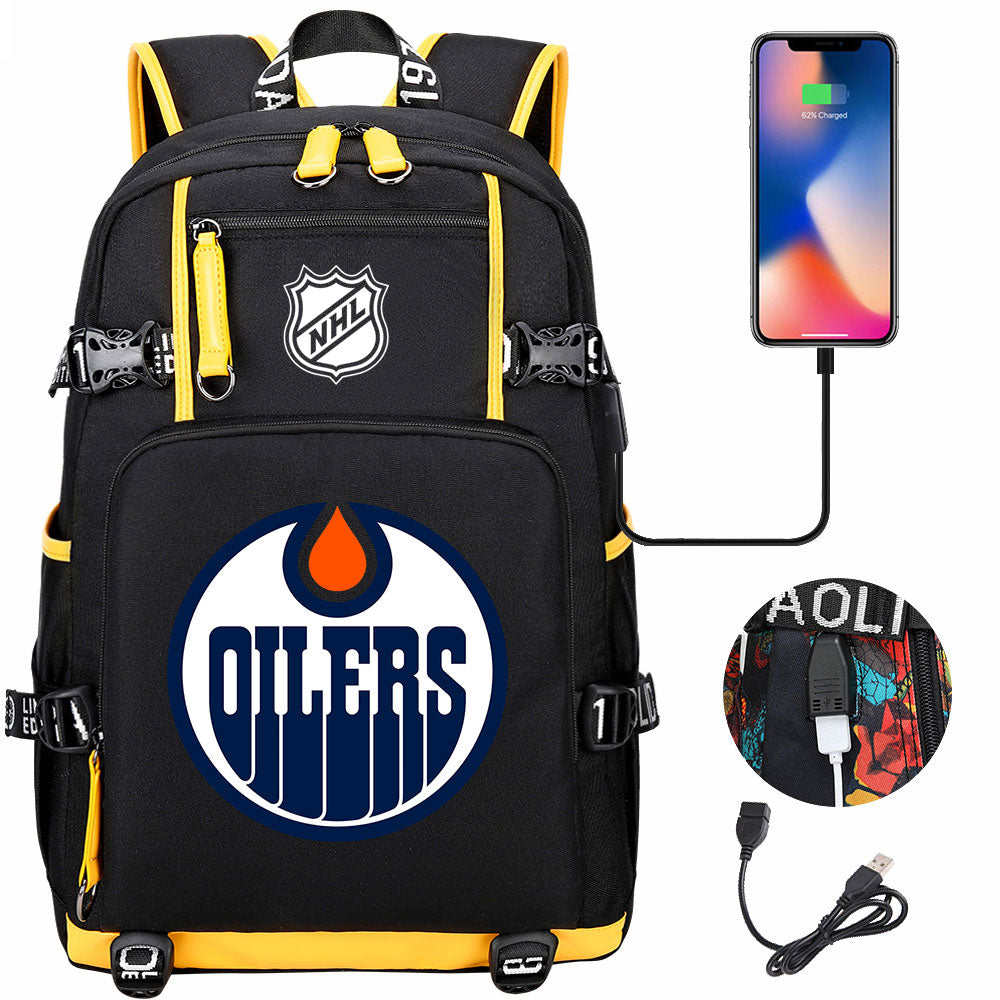 Edmonton Oilers Hockey League USB Charging Backpack School Notebook Travel Bags