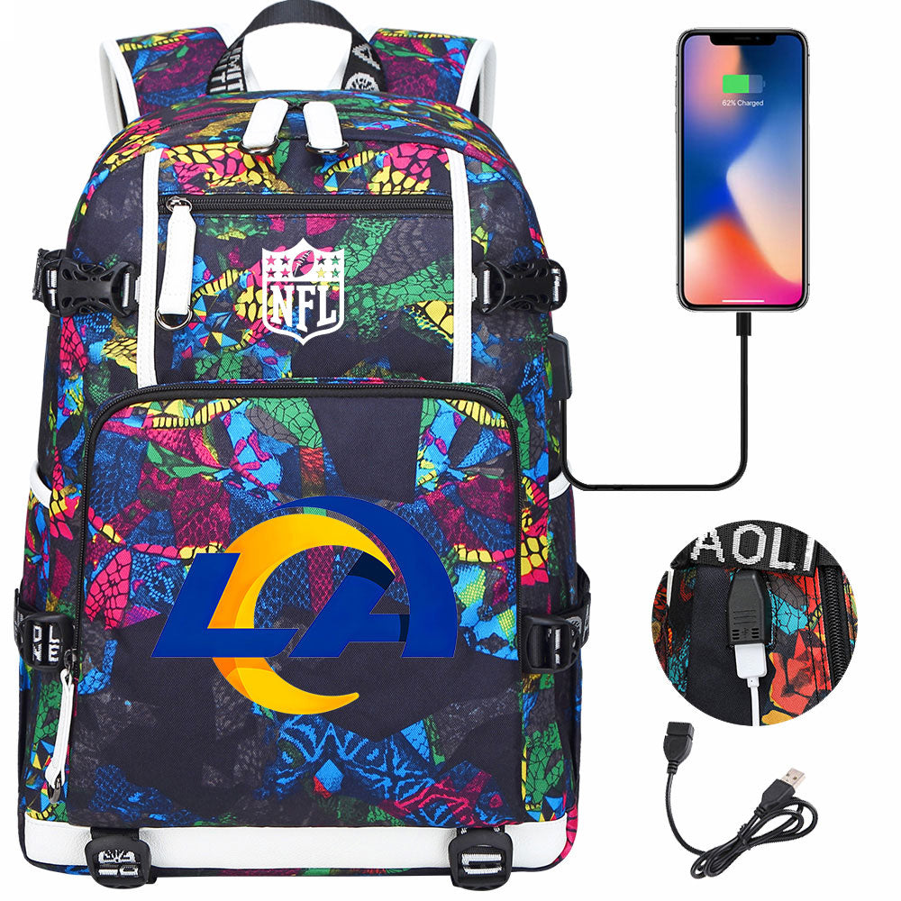 Los Angeles Rams Football Team USB Charging Backpack School Notebook Travel Bags