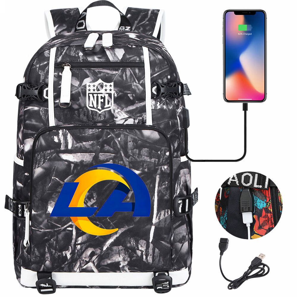 Los Angeles Rams Football Team USB Charging Backpack School Notebook Travel Bags