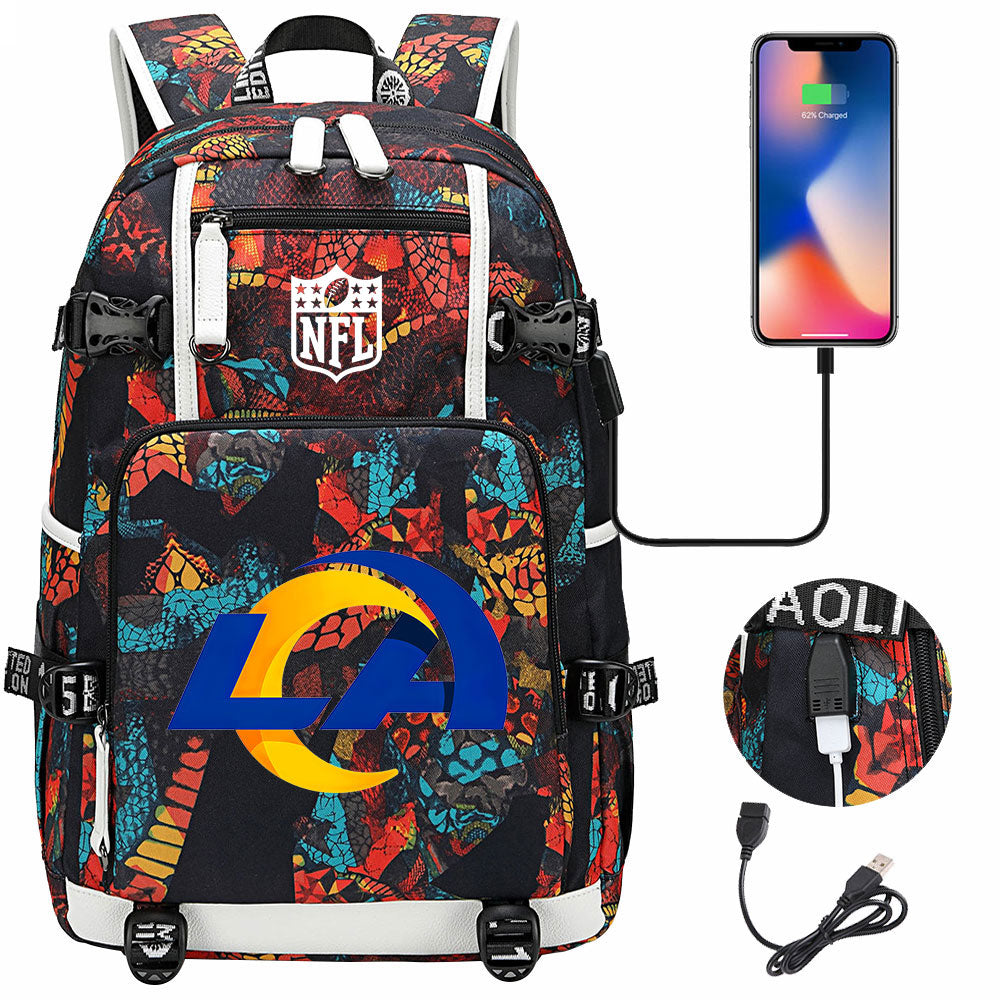 Los Angeles Rams Football Team USB Charging Backpack School Notebook Travel Bags