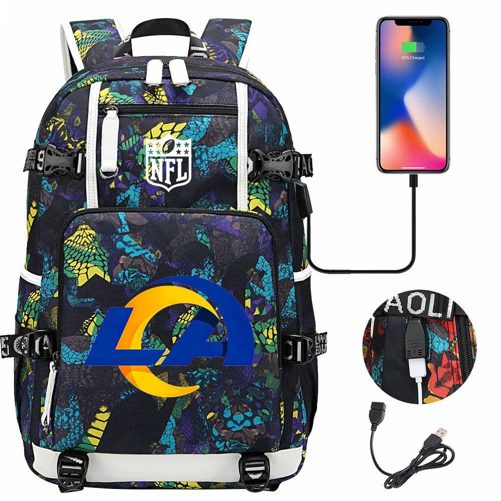 Los Angeles Rams Football Team USB Charging Backpack School Notebook Travel Bags