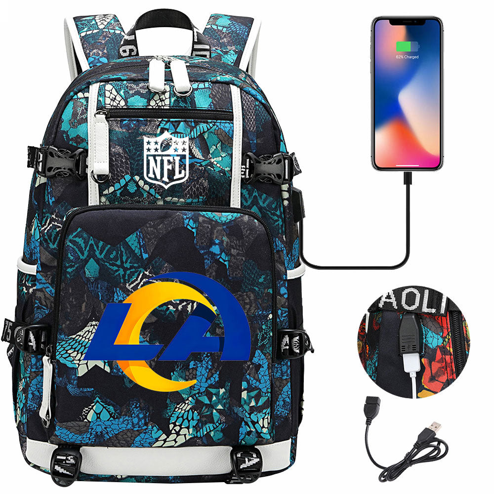 Los Angeles Rams Football Team USB Charging Backpack School Notebook Travel Bags