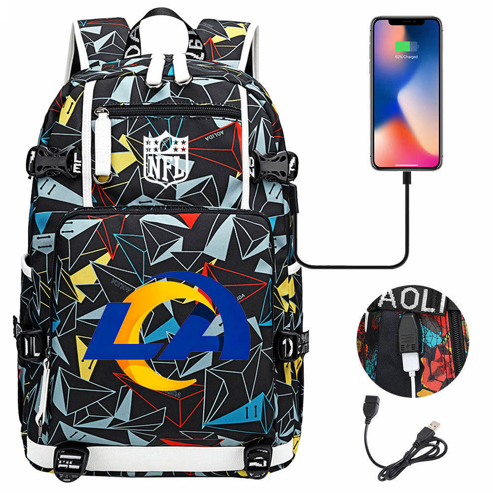 Los Angeles Rams Football Team USB Charging Backpack School Notebook Travel Bags