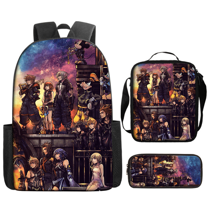 Kingdom Hearts Full Printed Backpack Schoolbag Travel Notebook Bag Lunch Bag Pencil Bag for Kids Students 3PCS