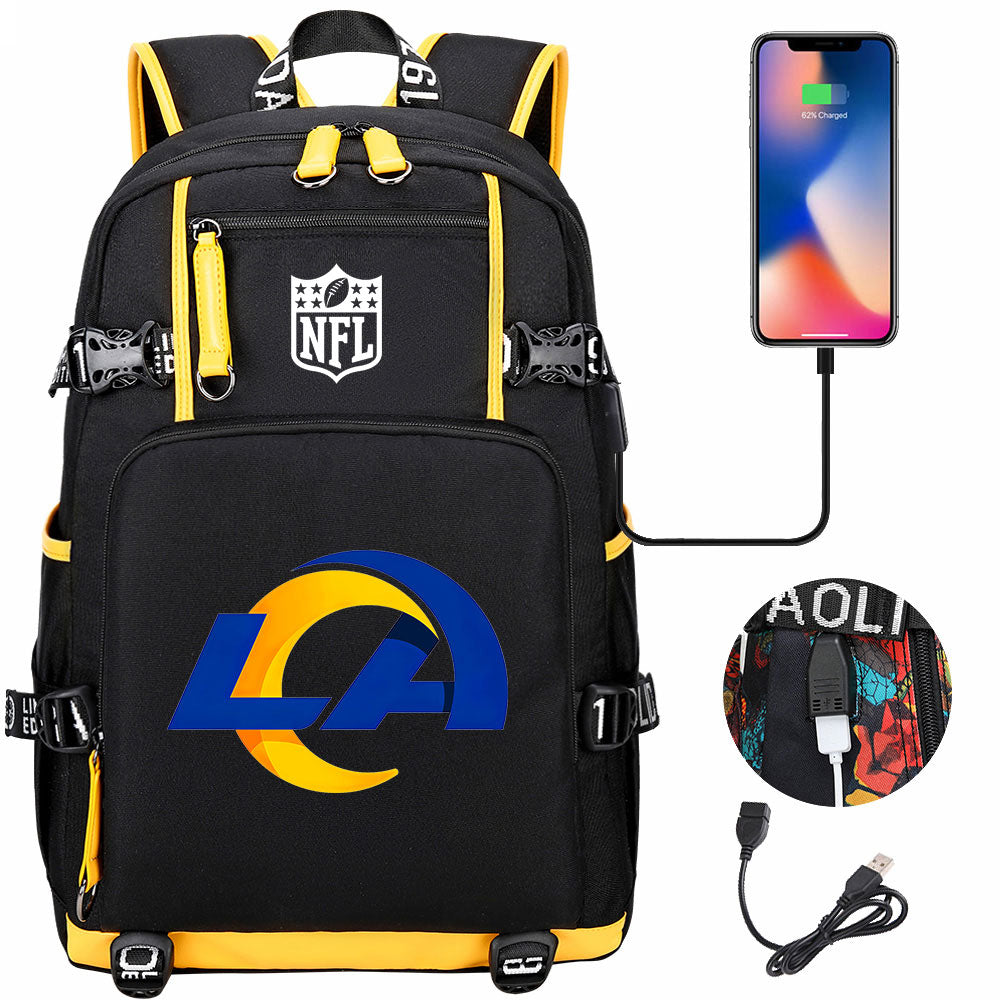 Los Angeles Rams Football Team USB Charging Backpack School Notebook Travel Bags