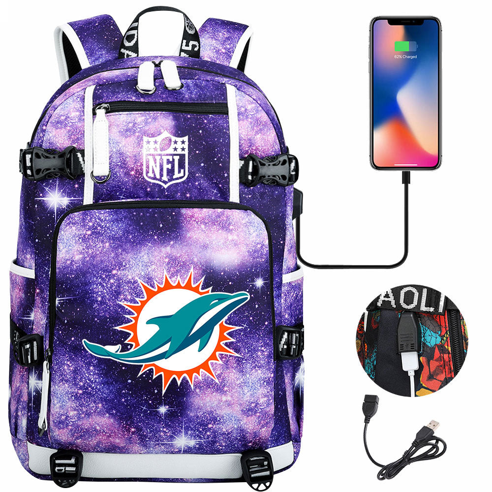 Miami Dolphins Football Team USB Charging Backpack School Notebook Travel Bags