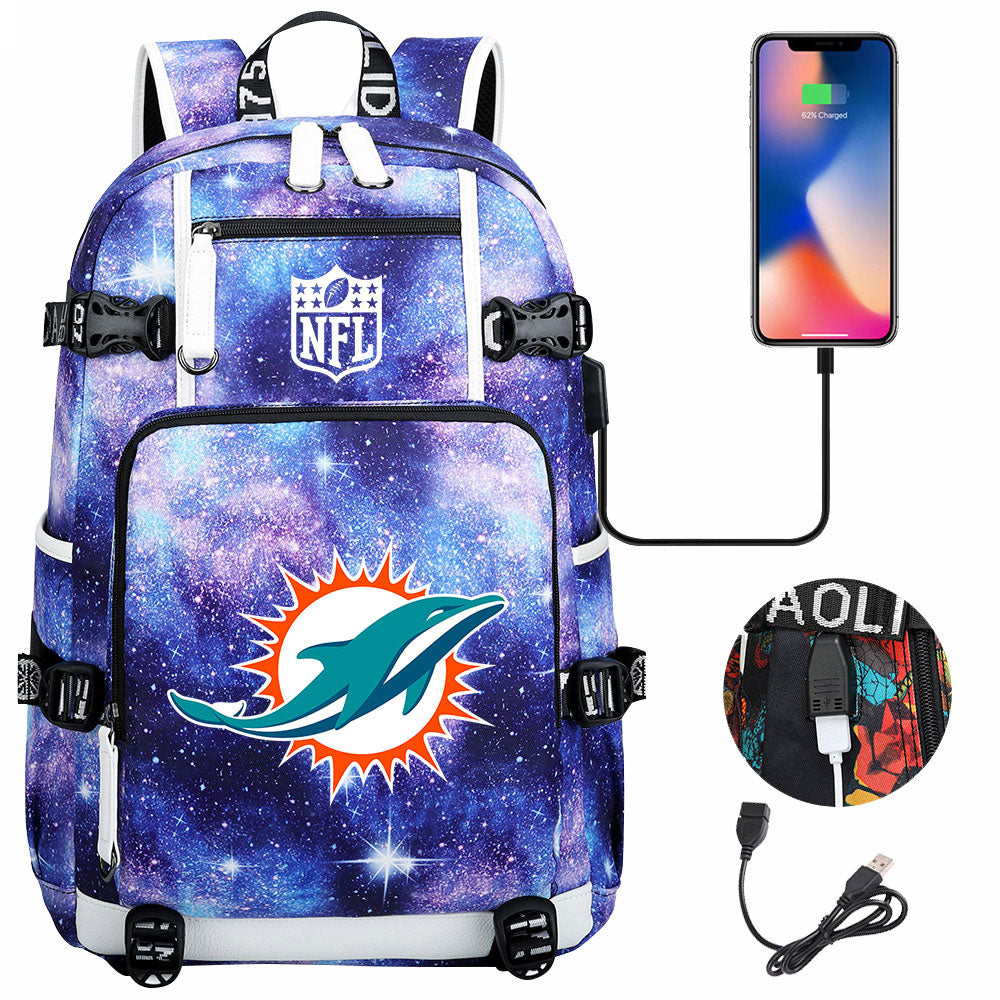 Miami Dolphins Football Team USB Charging Backpack School Notebook Travel Bags