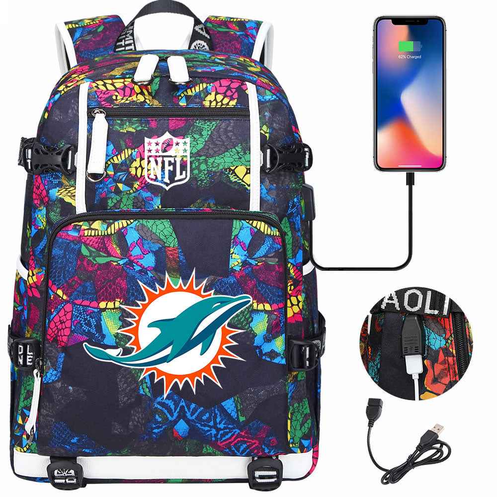 Miami Dolphins Football Team USB Charging Backpack School Notebook Travel Bags