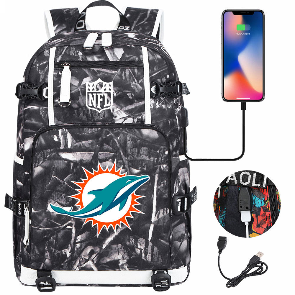 Miami Dolphins Football Team USB Charging Backpack School Notebook Travel Bags