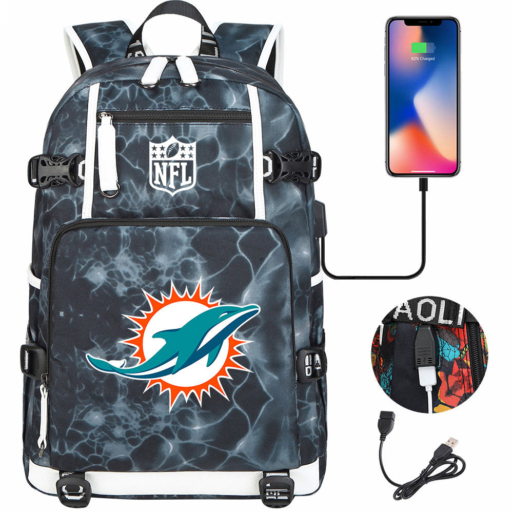 Miami Dolphins Football Team USB Charging Backpack School Notebook Travel Bags