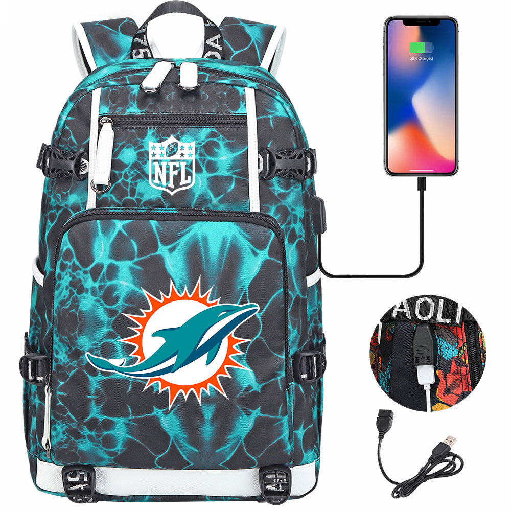 Miami Dolphins Football Team USB Charging Backpack School Notebook Travel Bags