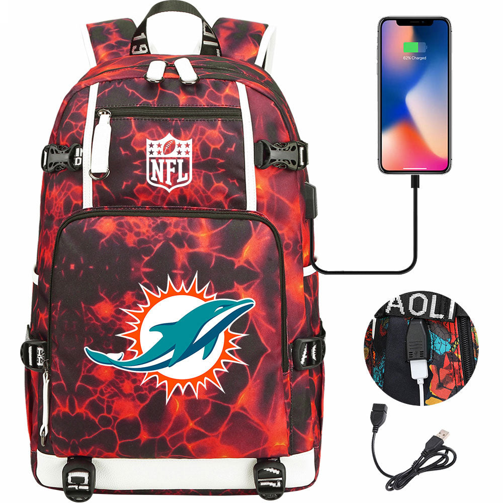 Miami Dolphins Football Team USB Charging Backpack School Notebook Travel Bags