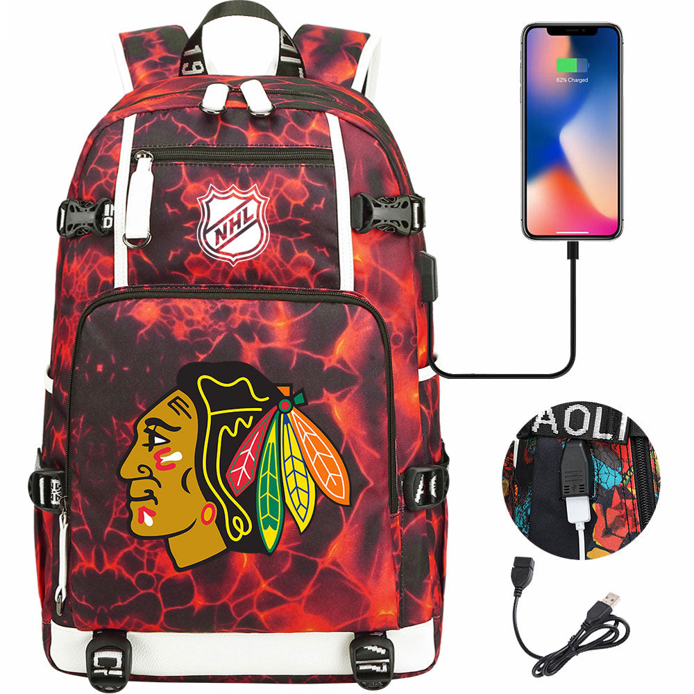 Chicago Blackhawks Hockey League USB Charging Backpack School Notebook Travel Bags