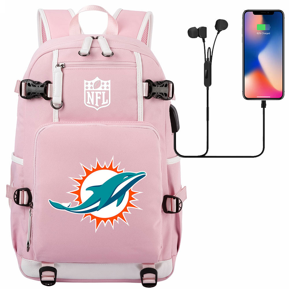 Miami Dolphins Football Team USB Charging Backpack School Notebook Travel Bags