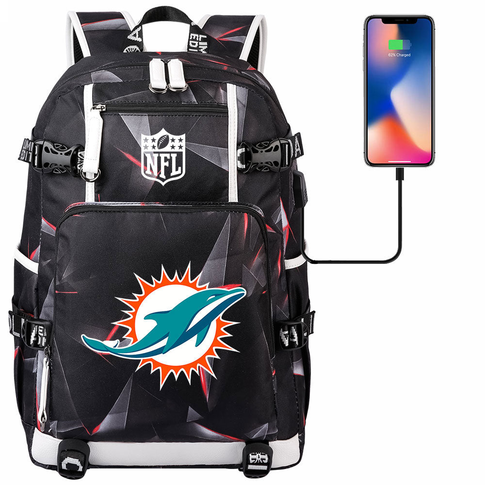 Miami Dolphins Football Team USB Charging Backpack School Notebook Travel Bags