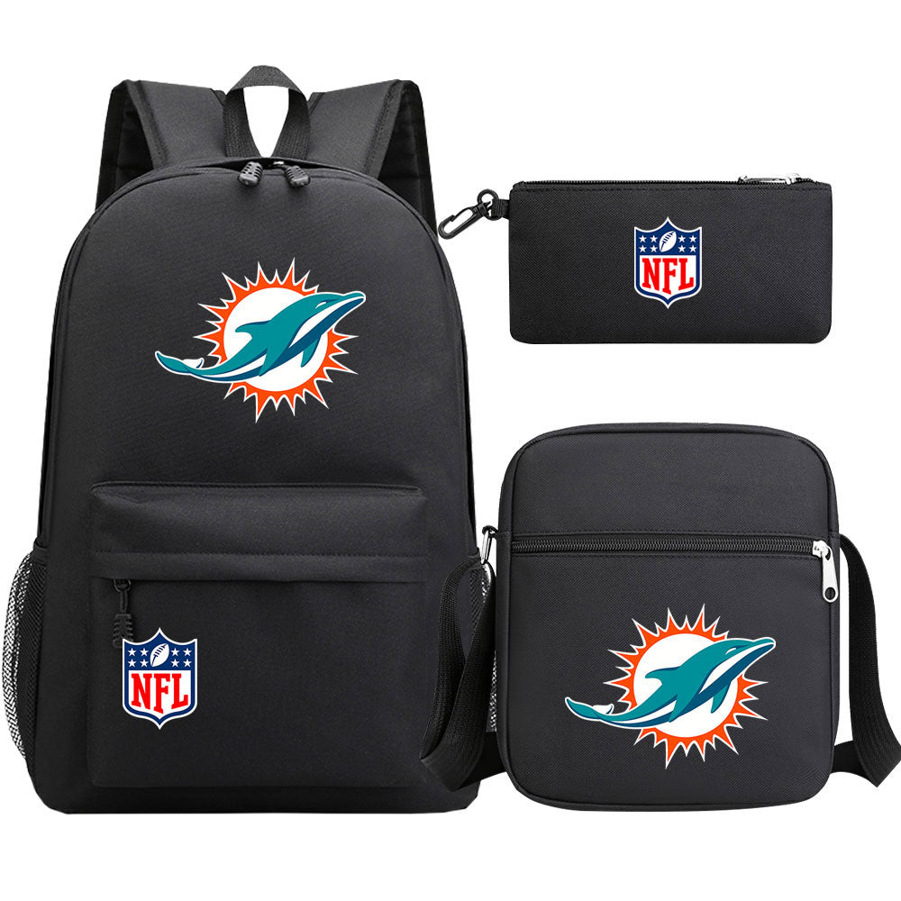 Miami Dolphins Football Team Printed Schoolbag Backpack Shoulder Bag Pencil Bag 3pcs set for Kids Students